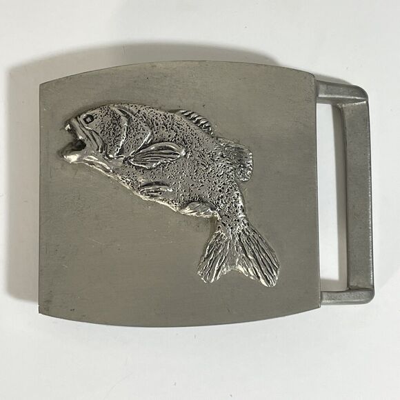 John E McCann Vintage Wide Mouth Bass Pewter Belt Buckle - Picture 1 of 6